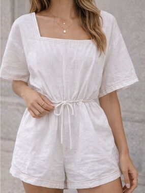 Sabo Skirt White Linen Blend Romper XS Square Neck Tie Waist Minimal Playsuit